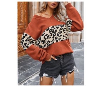 Rust Orange V-Neck Sweater with Leopard Panel